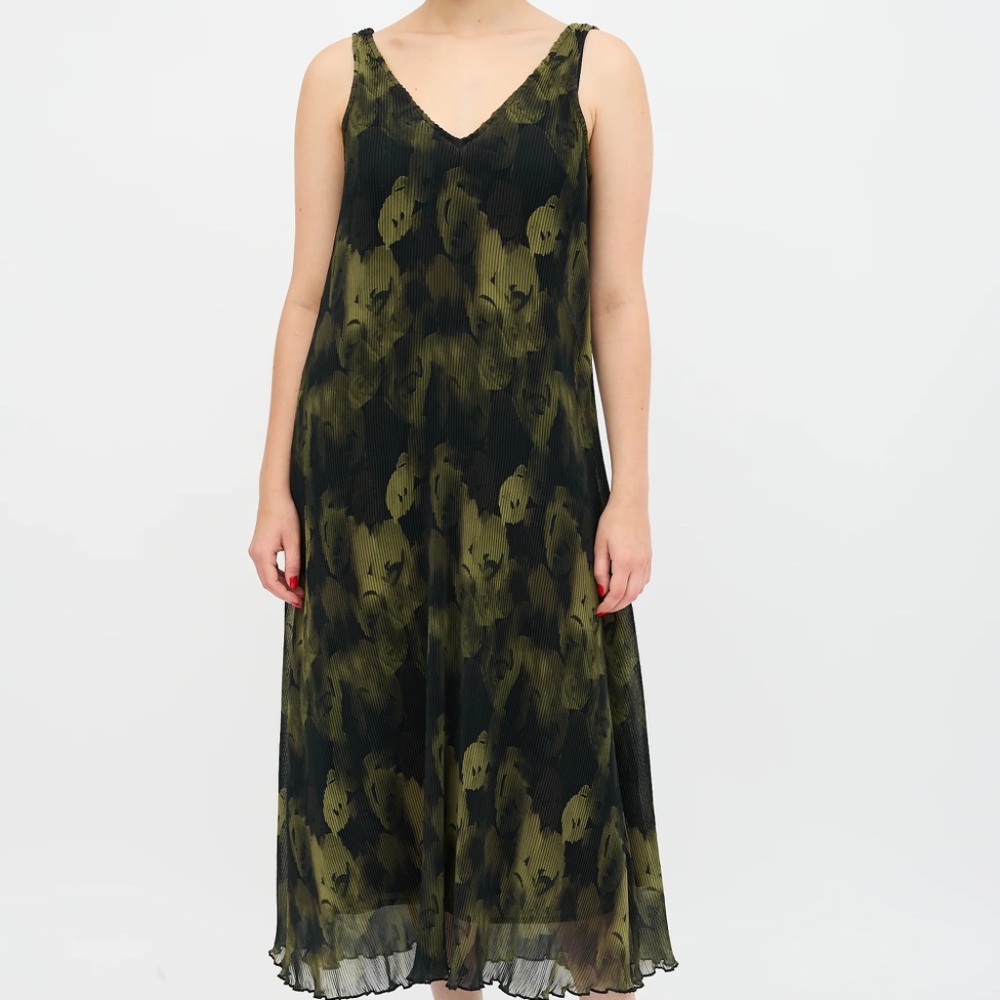 GANNI Olive Pleated Georgette Strap Dress
